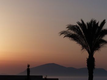 Silhouette palm tree and mountains against clear sky during sunset