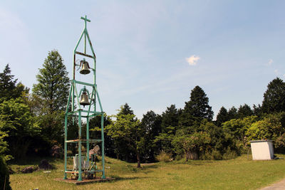 Traditional windmill in park against sky