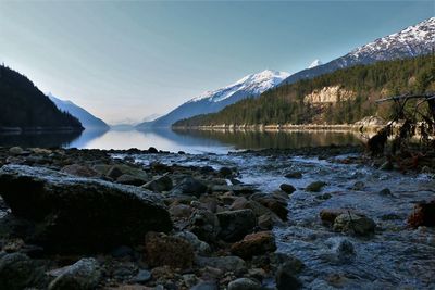 Scenic view of lake by rocks against sky