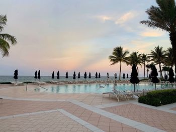 Palm trees by swimming pool against sky during sunset