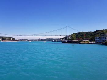 View of suspension bridge over river