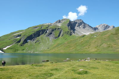 Scenic view of lake and mountains against sky