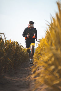 Young man running in the green fields in the morning. fitness and lifestyle concept.