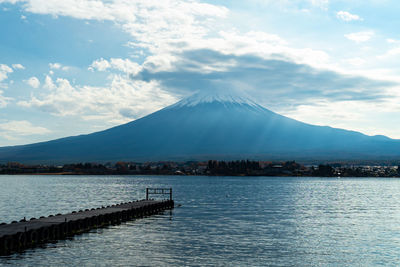 Scenic view of lake against cloudy sky