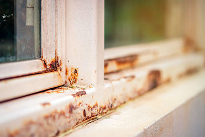 Close-up of rusty window on old wooden door