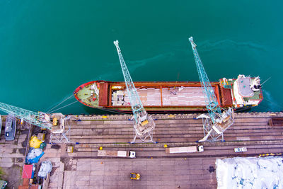 High angle view of ship moored on sea against sky