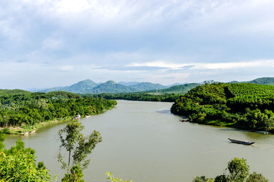 Scenic view of river amidst trees against sky