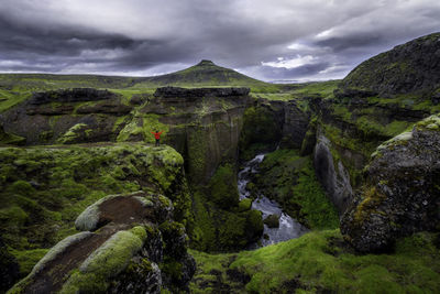 Hiking under eyjafjallajokull vulcano on iceland