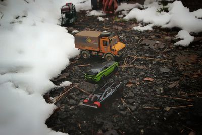 High angle view of toy car on field during winter