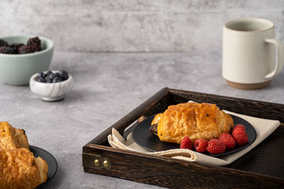 High angle view of breakfast served on table