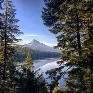 Scenic view of lake and mountains against sky