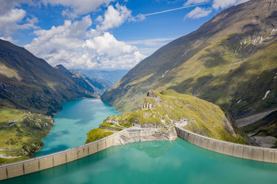 Aerial of dam and alpine water reservoirs, kaprun, austria