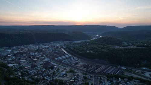 High angle view of townscape against sky during sunset