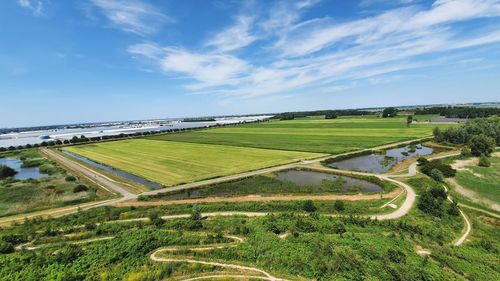 High angle view of agricultural field against sky