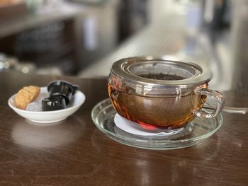 Close-up of tea cup on table