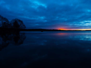 Scenic view of calm lake against cloudy sky