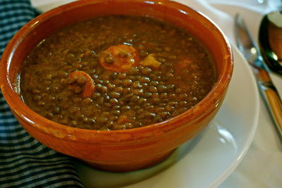 High angle view of soup in bowl