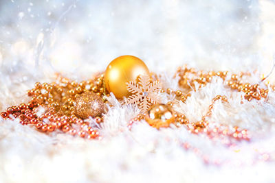 Close-up of christmas decoration on rug