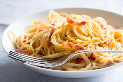 Close-up of noodles served in bowl