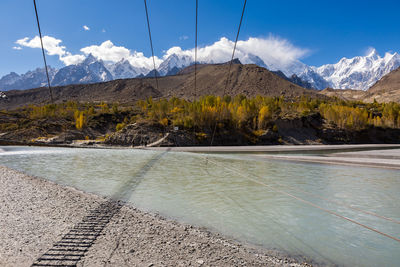 Scenic view of lake by mountains against sky