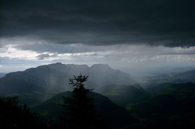 Scenic view of mountains against cloudy sky