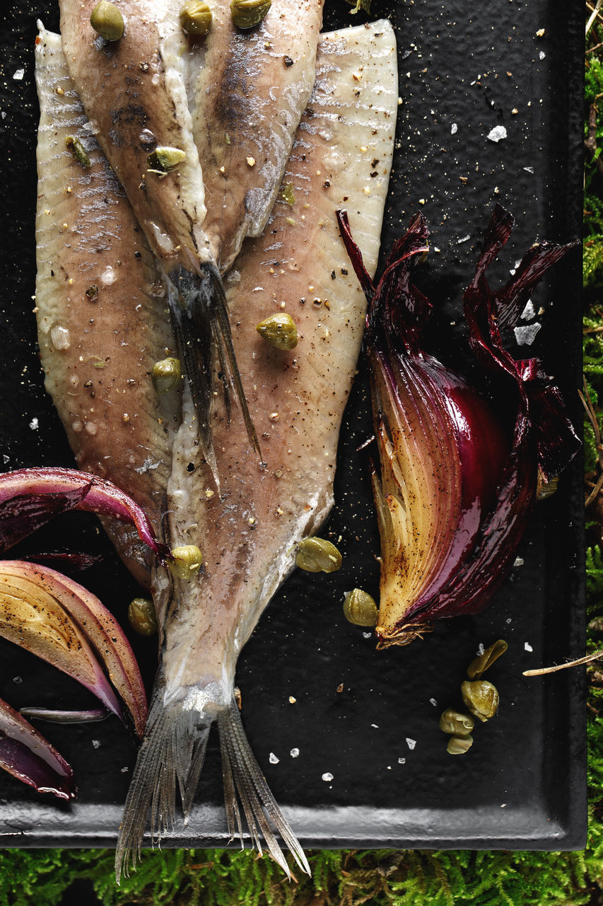 food, food and drink, leaf, freshness, healthy eating, wellbeing, no people, directly above, high angle view, vegetable, wood, flower, plant, produce, still life, autumn, nature, close-up, seafood, fish, raw food