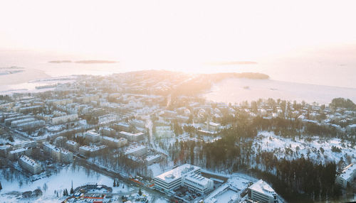 High angle view of snow covered built structures