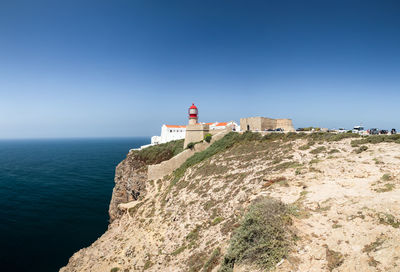 Lighthouse by sea against clear sky