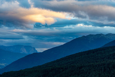 Scenic view of mountains against sky during sunset