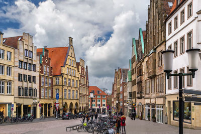 Prinzipalmarkt is historic street with buildings with picturesque pediments  in munster, germany
