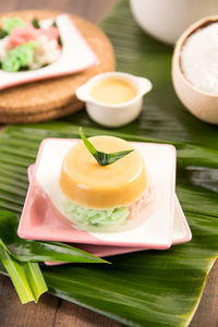 Close-up of food served on table