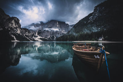 Scenic view of lake by mountains against sky