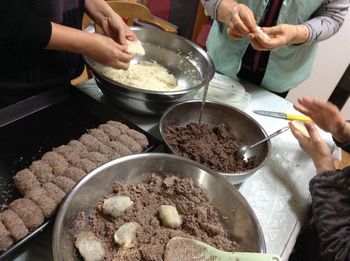 High angle view of man preparing food