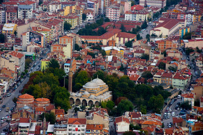 High angle view of buildings in town