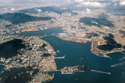 High angle view of cityscape and mountains