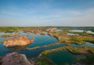 Scenic view of rocks in sea against sky