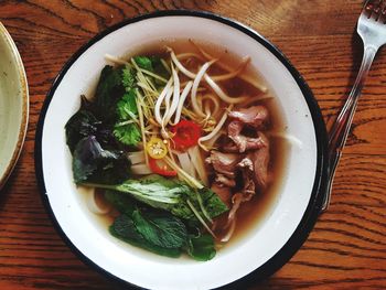High angle view of soup in bowl