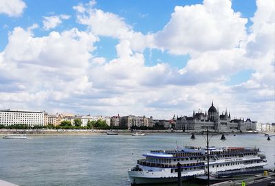 View of city buildings by river against cloudy sky