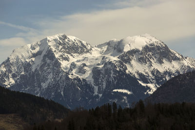 Snowy mountain panorama in bavarian alps, springtime