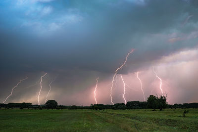 Composite of lightning bolts over the puszta or hungarian plains in the evening light