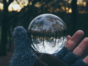 Close-up of hand holding crystal ball with reflection of trees