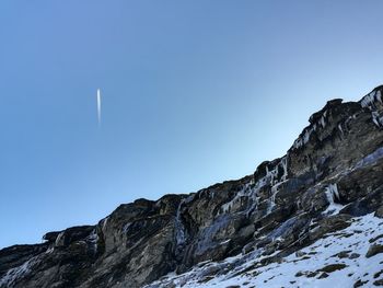 Low angle view of mountain against clear blue sky