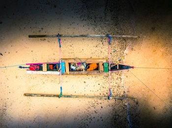 High angle view of boat moored at beach