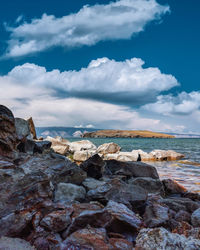 Olkhon island, beautiful view of baikal under the blue sky with clouds