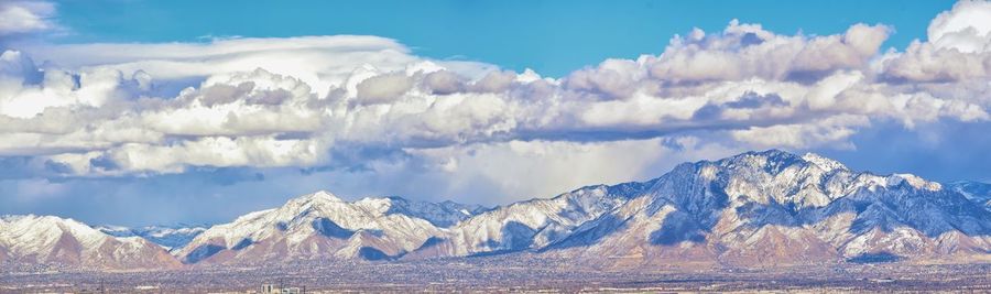 Panoramic view of snowcapped mountains against sky