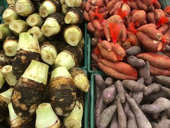 High angle view of vegetables for sale at market stall
