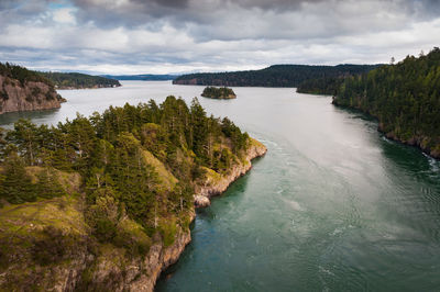 High angle view of river amidst mountains