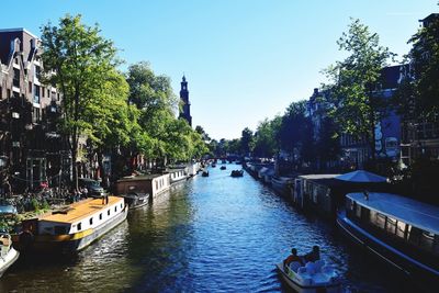 Boats moored on river in city against clear sky