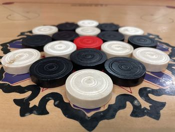 High angle view of objects on table