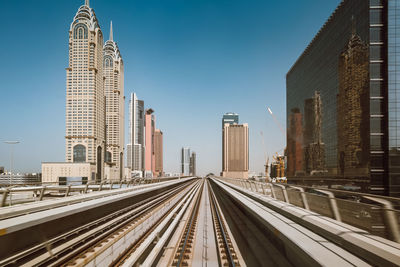 Railroad tracks amidst buildings in city against sky